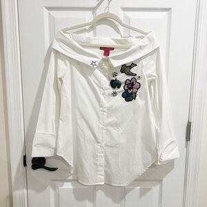 Saks Fifth Avenue White Off-Shoulder Blouse w/ Embroidered & Sequined, Size S/P